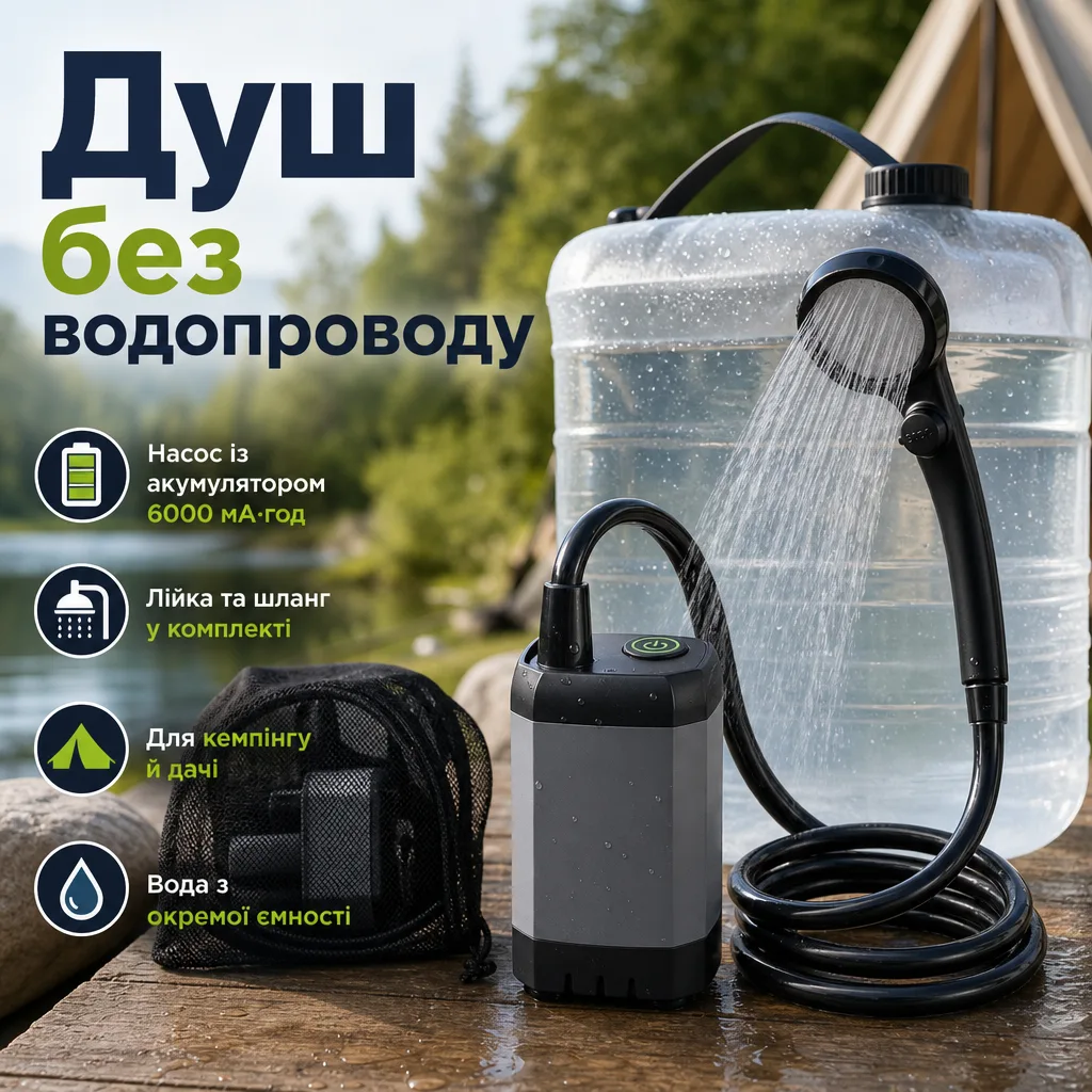 Акумуляторний портативний туристичний душ із насосом