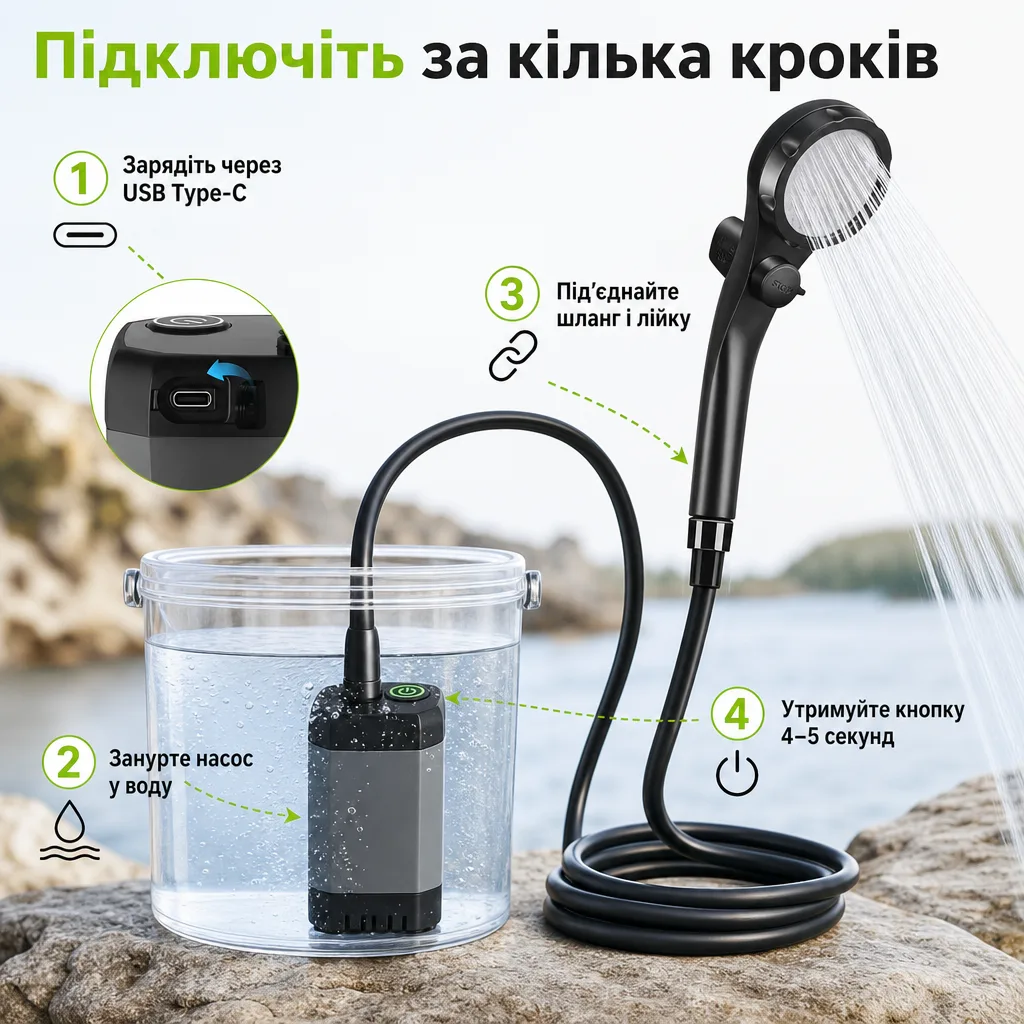 Акумуляторний портативний туристичний душ із насосом — зображення 2
