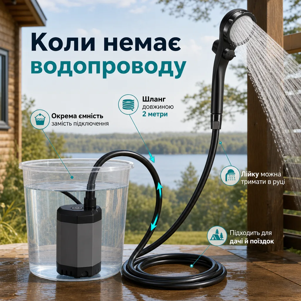 Акумуляторний портативний туристичний душ із насосом — зображення 3