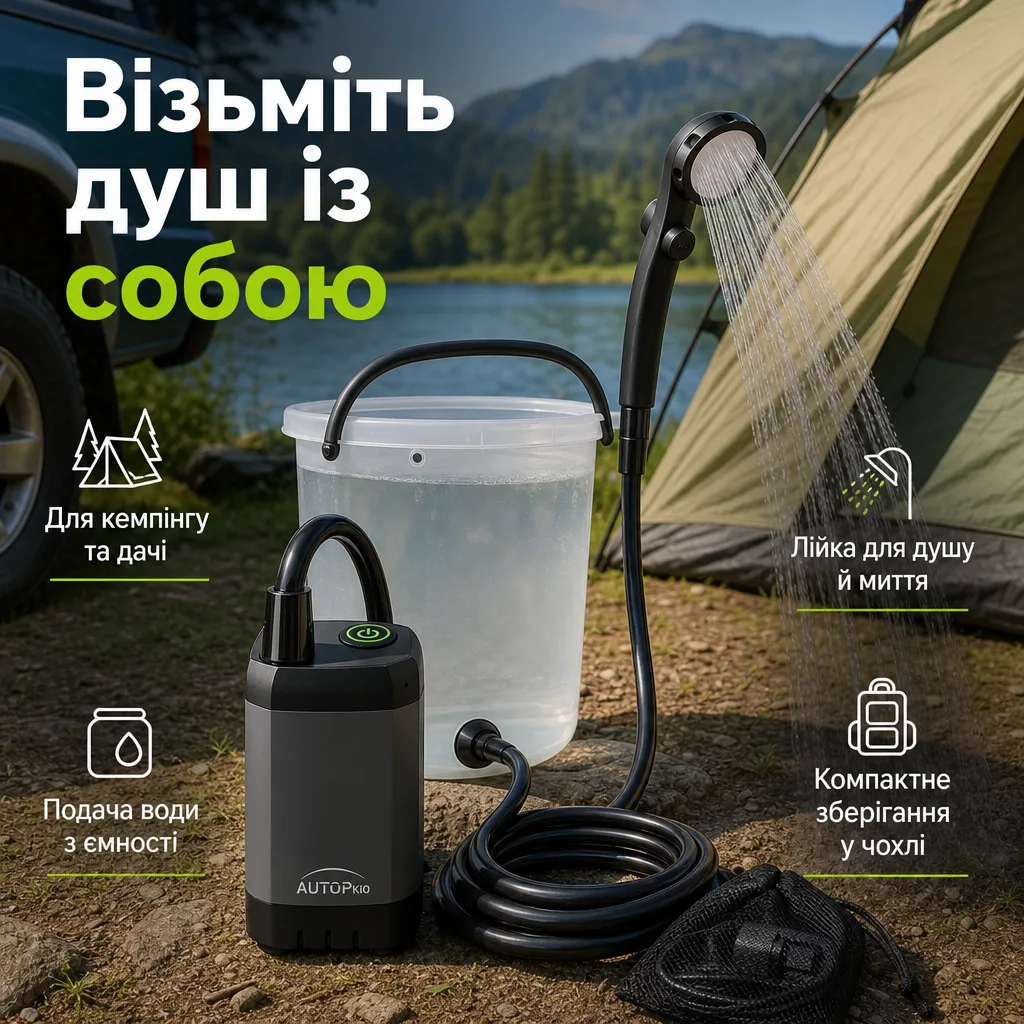Акумуляторний портативний туристичний душ із насосом — зображення 6