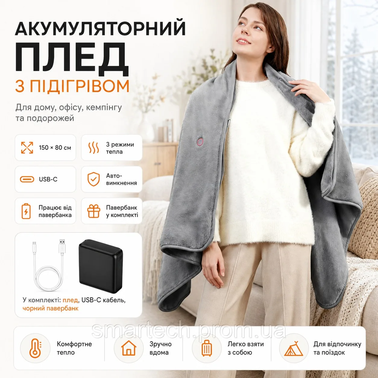 Електричний плед-пончо з USB-підігрівом — зображення 20