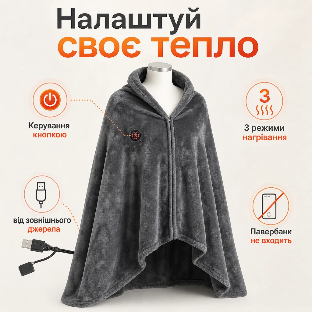 Електричний плед-пончо з USB-підігрівом — зображення 4